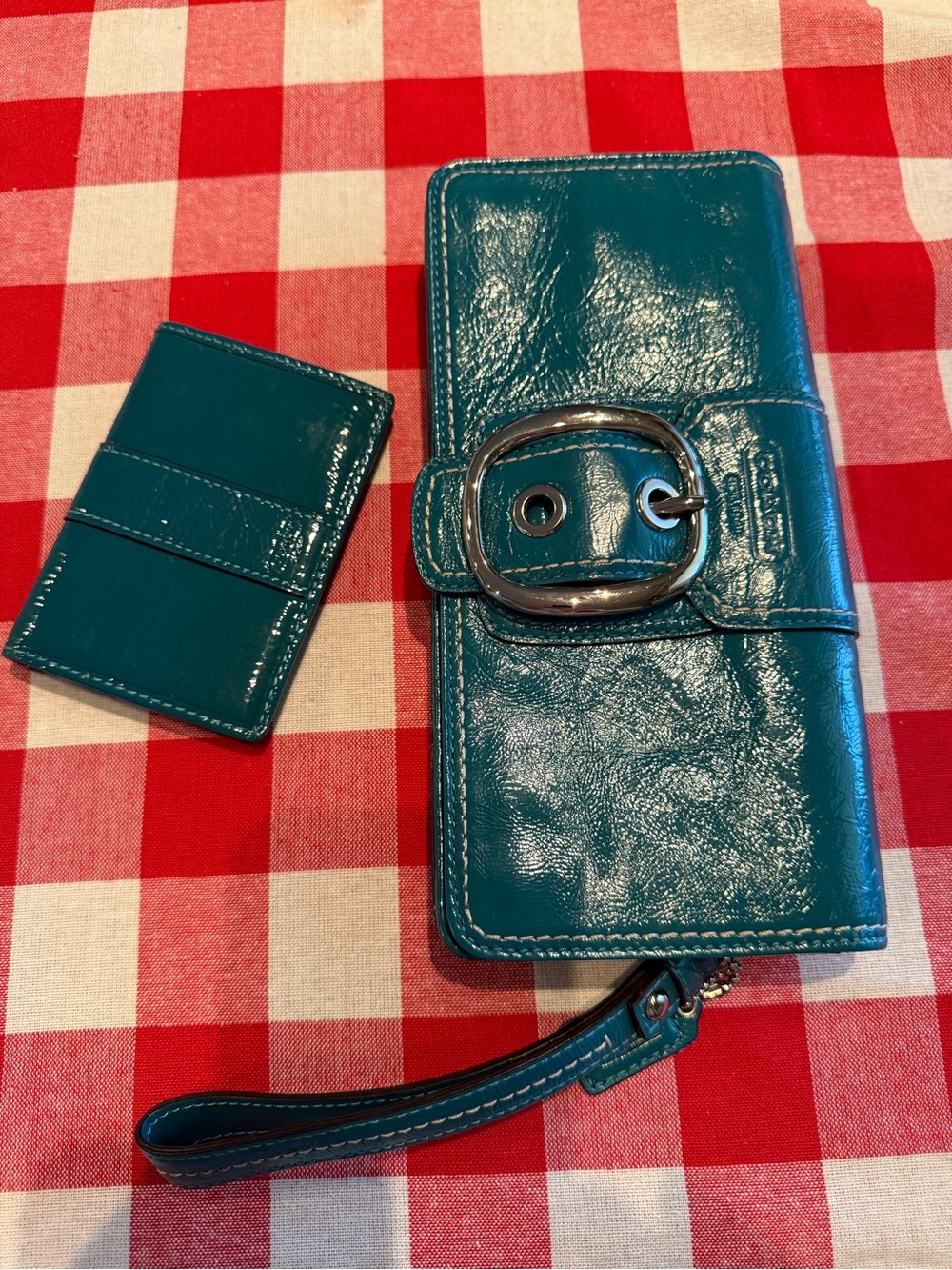 Coach Teal Patent Leather Wristlet and Matching Card Holder